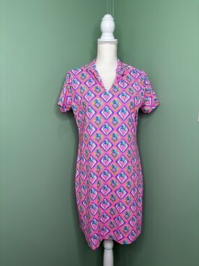 Lulu-B Pink Geometric Palm-Print V-Neck Dress
